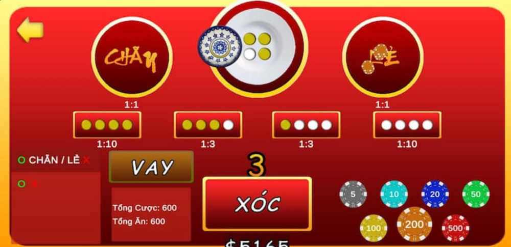 Bàn chơi xóc đĩa MD5 cơ bản với mức cược từ 5k đến 500k